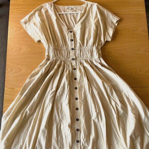 Madewell Button Front V-neck Tan Midi Dress | Easy Fit - Picture 2 of 7